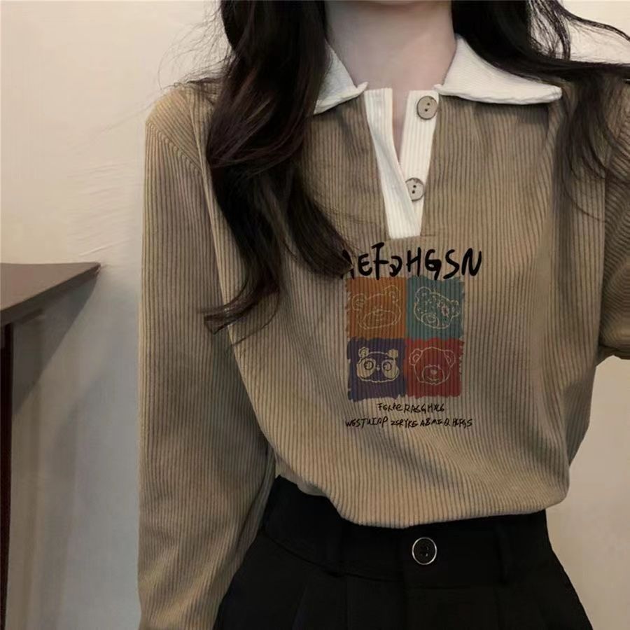 2023秋季網紅新款美式復古polo領衛衣女春秋印花插色袖翻領上衣潮