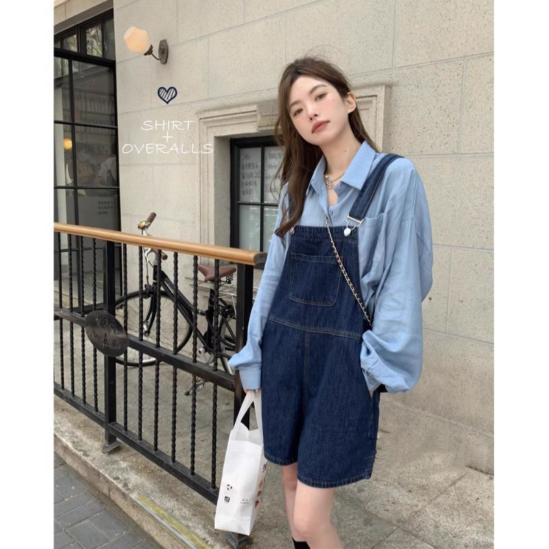 田園小個子復古牛仔背帶褲女連體褲夏季寬鬆直筒背帶褲單/兩件套