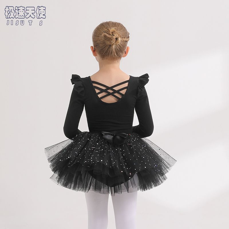 兒童舞蹈服黑色純棉秋冬長袖女童練功服考級中國舞幼兒芭蕾舞紗裙