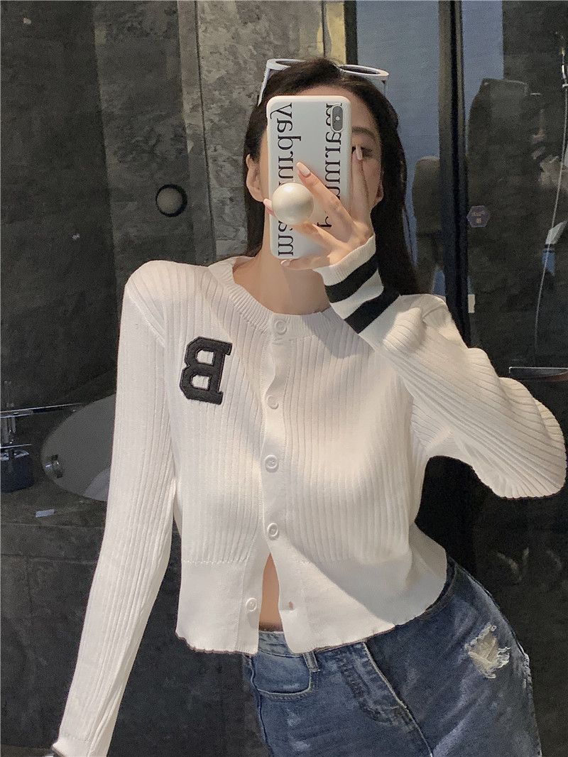 Letter embroidered sweater jacket for women in spring and autumn pure desire design niche unique chic short long-sleeved top