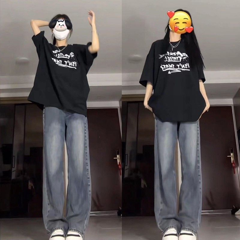 美式復古高街牛仔褲女2023春秋季新款設計感小眾高腰直筒闊腿褲子