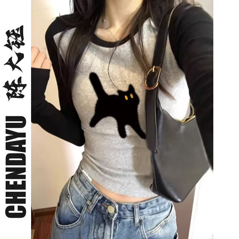 美拉德顯瘦漏肚臍辣妹正肩上衣長袖女緊身高腰秋季女裝正肩短上衣