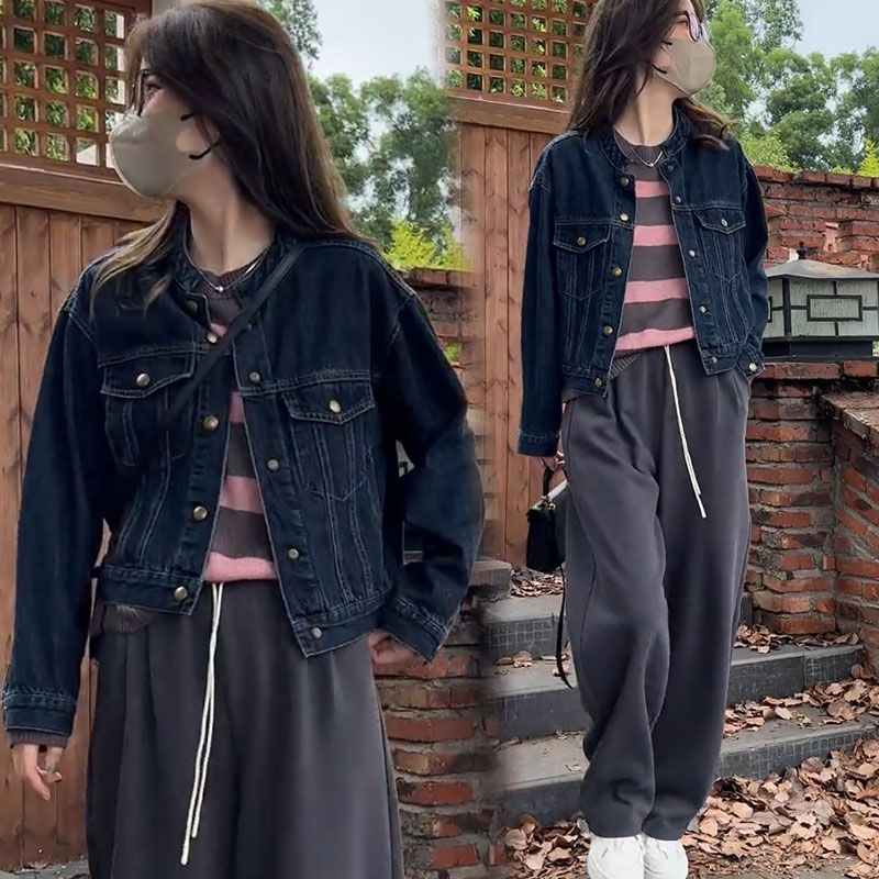 藍海奕諾短款立領復古牛仔外套女2023秋裝新款寬鬆百搭休閒上衣潮