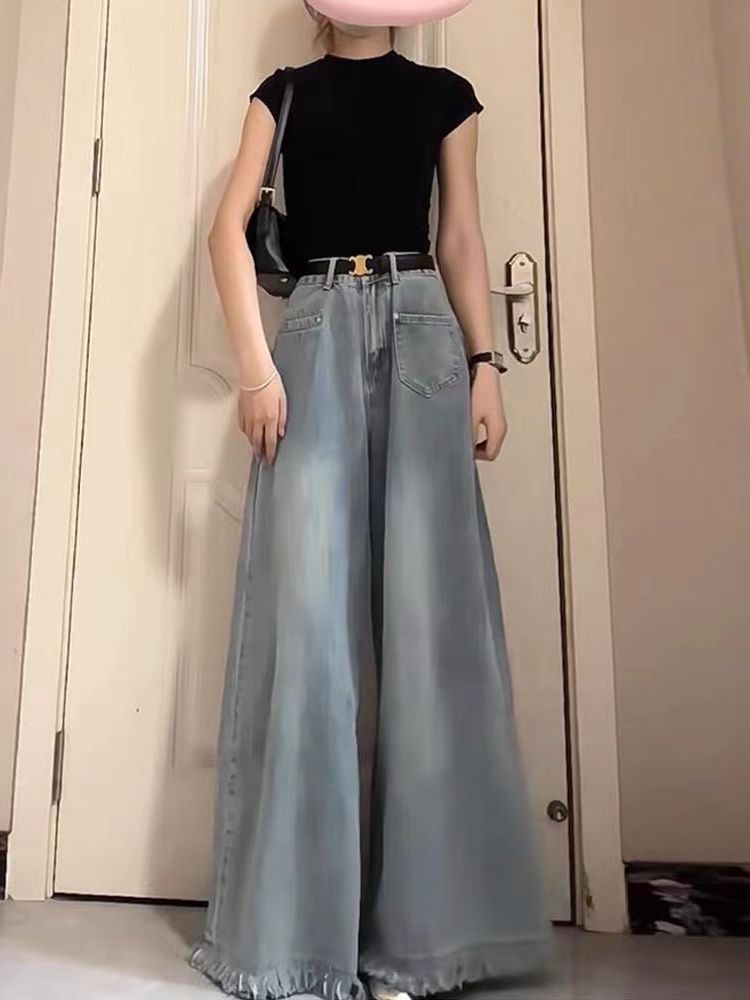 美式顯瘦百搭高街慵懶寬鬆牛仔褲女復古做舊喇叭褲子毛邊拖地長褲