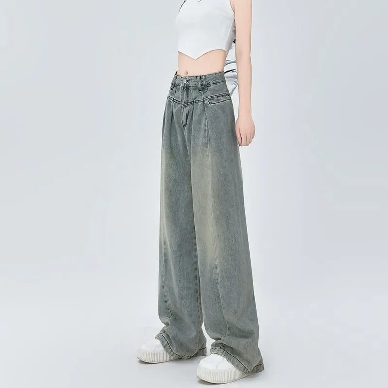 美式設計感牛仔褲女2023春秋新款高腰顯瘦寬鬆遮胯拖地直筒牛仔褲