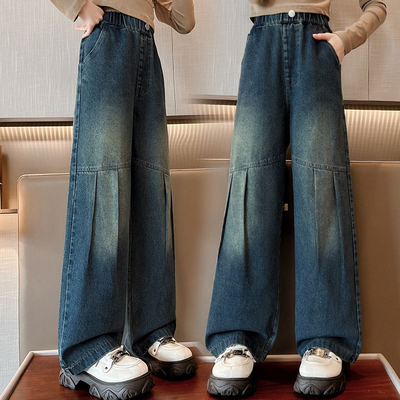 女童牛仔褲洋氣拼接闊腿褲2023新款中大童女孩顯瘦百搭春秋款褲子