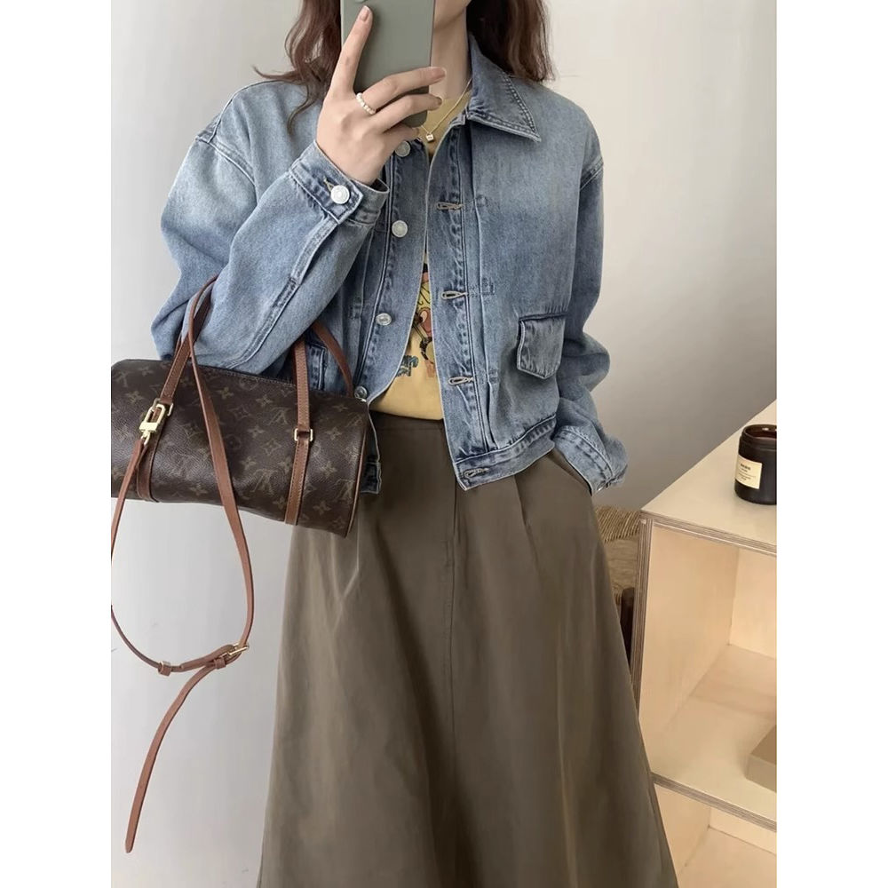 早秋季漸變藍色短款牛仔外套女港風復古設計感小眾夾克開衫上衣潮
