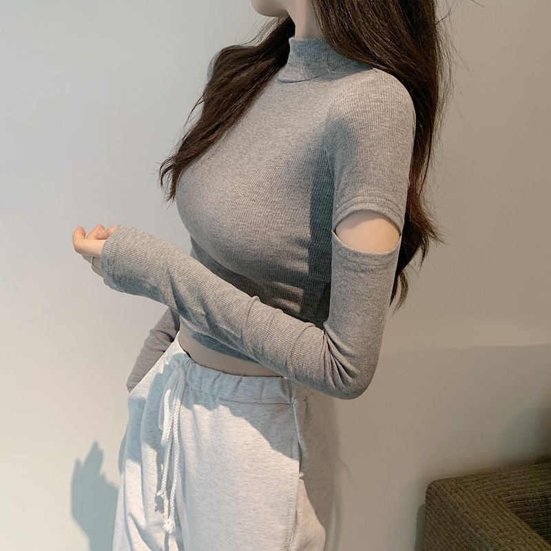 秋季小心機設計感露臍短款上衣配高腰褲女緊身內搭打底衫長袖T恤