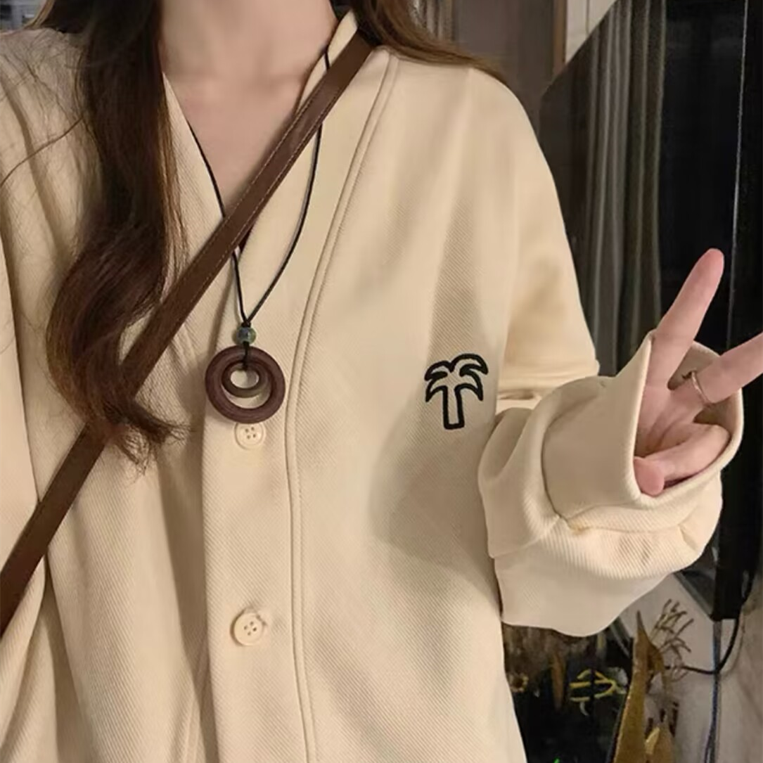 American retro Korean style slim v-neck niche top cardigan jacket ins college style spring and autumn thin trend style