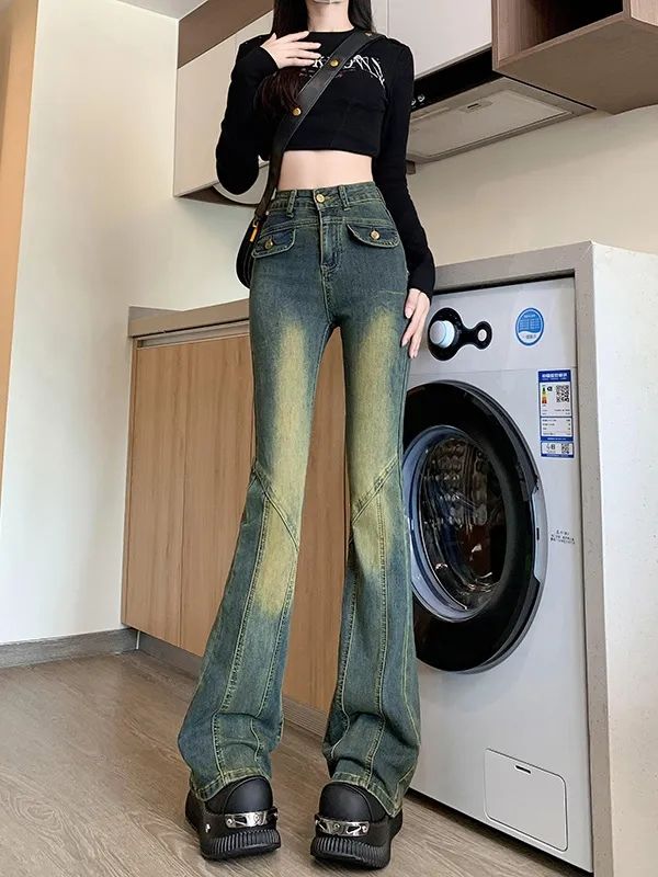 高腰微喇牛仔褲女2023秋季新款設計感小眾復古彈力修身喇叭馬蹄褲