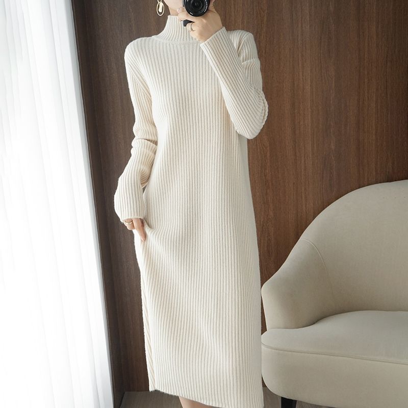 Thickened and warm women's long over-the-knee sweater dress for women half turtleneck autumn and winter mid-length sweater bottoming dress autumn and winter
