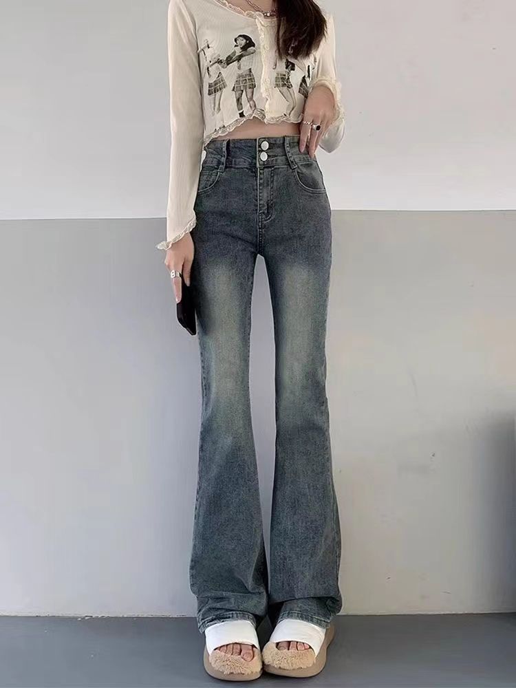 美式復古微喇牛仔褲女秋季新款高腰修身顯瘦百搭直筒拖地喇叭褲子