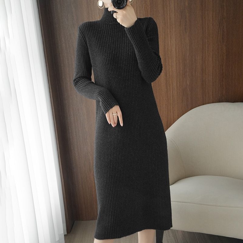 Thickened and warm women's long over-the-knee sweater dress for women half turtleneck autumn and winter mid-length sweater bottoming dress autumn and winter