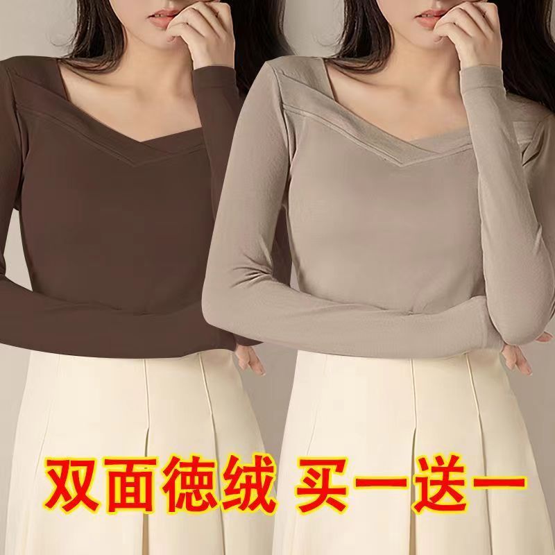 單/兩件德絨打底衫女秋冬新款設計感小眾方領不規則修身內搭上衣