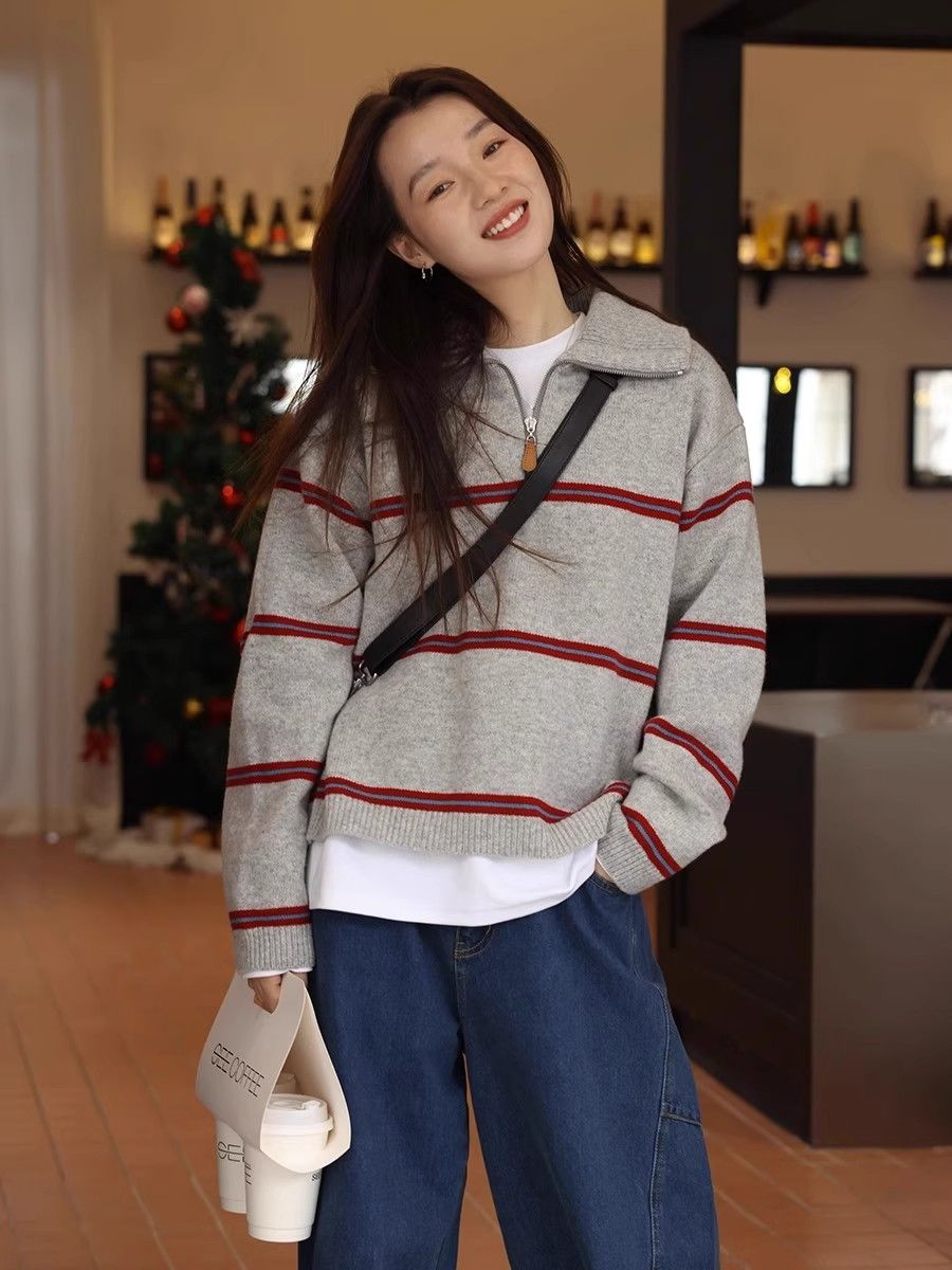 韓系撞色條紋衫POLO色毛衣女秋冬小個子翻領套頭針織衫上衣慵懶風
