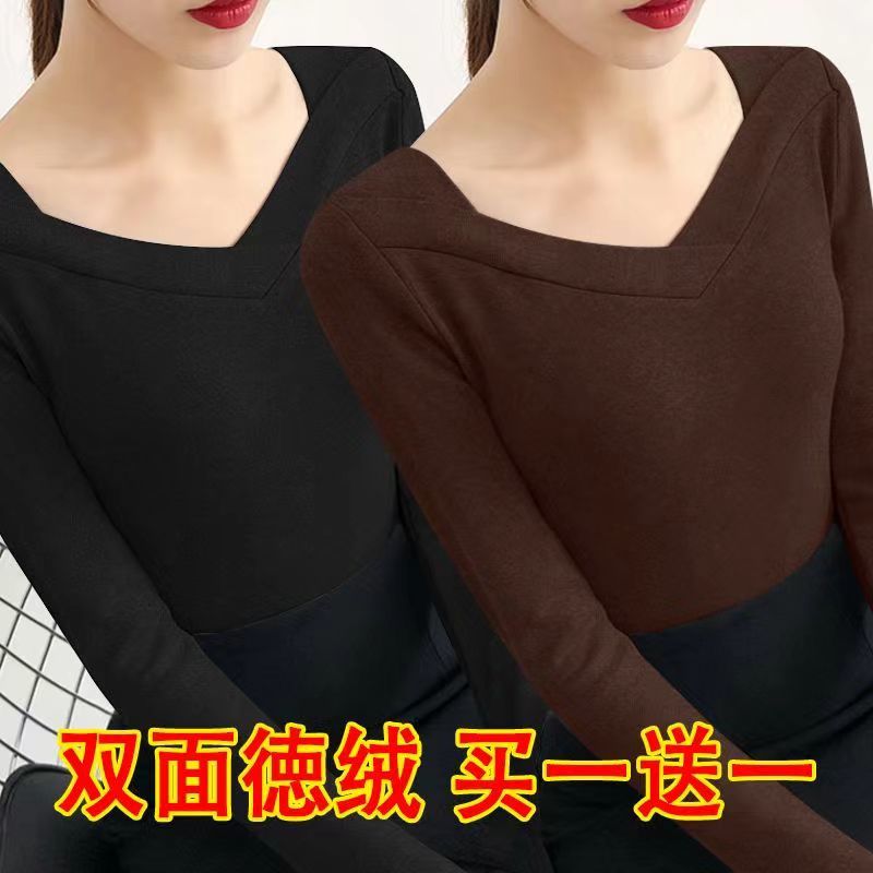 單/兩件大碼女裝德絨打底衫女秋冬胖妹妹顯瘦內搭正肩長袖t恤上衣