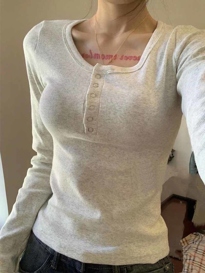 美式半開領紐扣正肩長袖上衣女春秋新款修身顯瘦小眾內搭打底衫潮