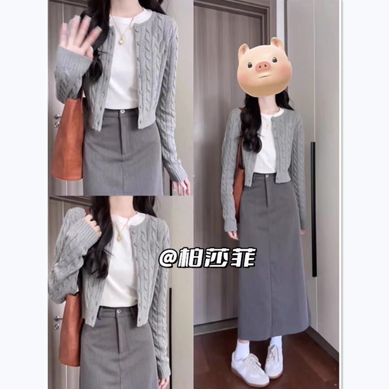 學院風套裝女秋季2023新款短款長袖針織開衫外套上衣半身裙三件套