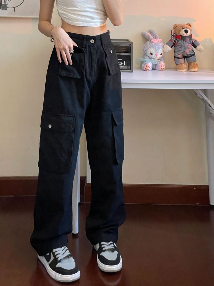 American retro hiphop overalls for women in autumn new high-waisted loose wide-legged slim straight casual pants trendy