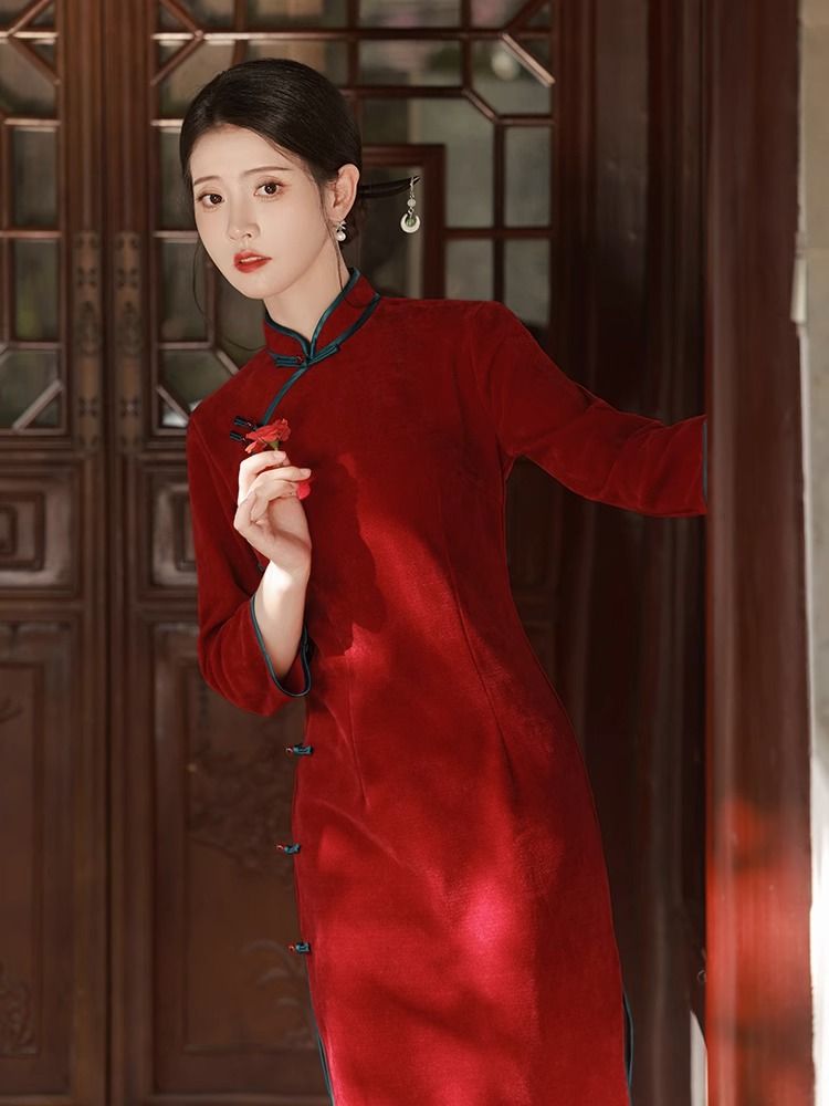 紅色旗袍敬酒服新娘2023新款秋季改良長袖小個子新中式訂婚禮服女