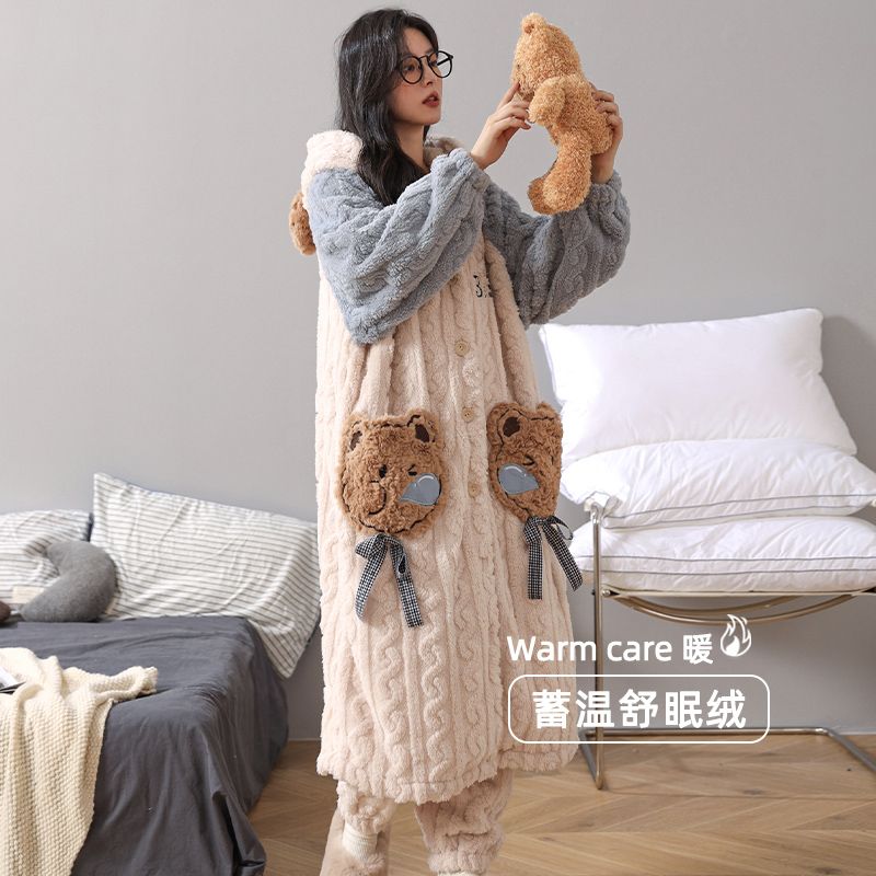 睡袍女秋冬加厚加絨珊瑚絨長款睡衣女2023年新款法蘭絨家居服套裝