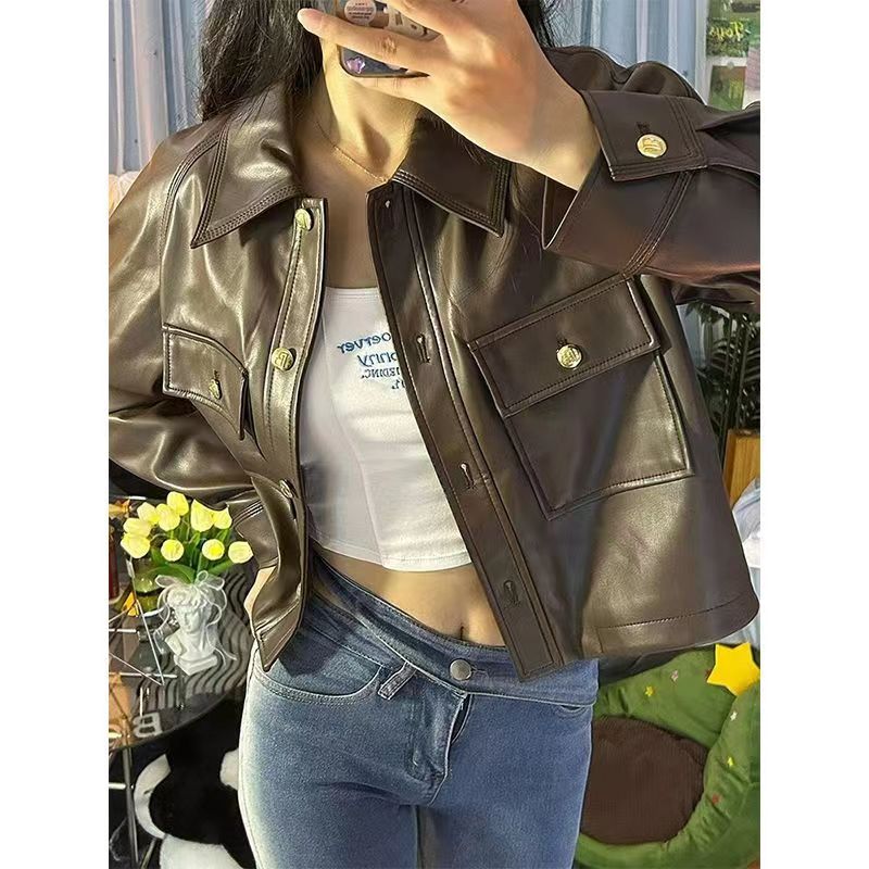 Hong Kong style retro leather jacket for women in autumn loose and versatile top niche design heavy industrial lapel pu leather jacket ins