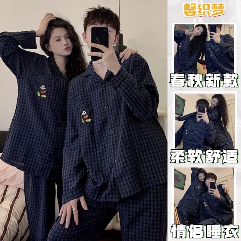 米奇格子情侶睡衣春秋季長袖開衫網紅風男女薄款可外穿家居服套裝