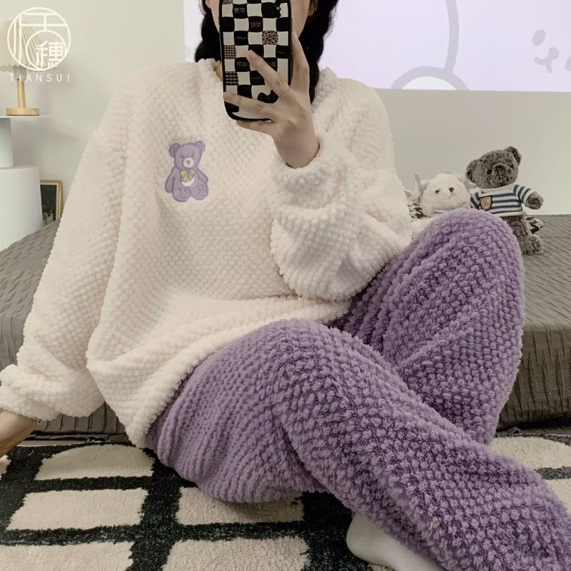 珊瑚絨睡衣女秋冬季2023年加絨加厚保暖休閒法蘭絨可愛家居服套裝