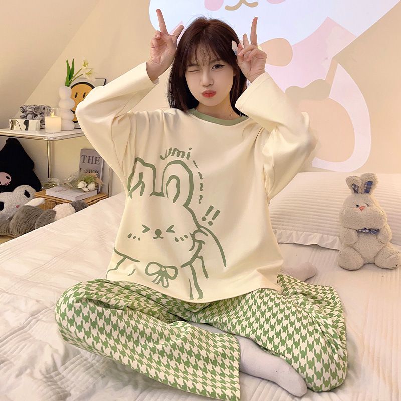 睡衣女秋季2023新款大碼春秋長袖長褲可外穿韓版高顏值家居服套裝