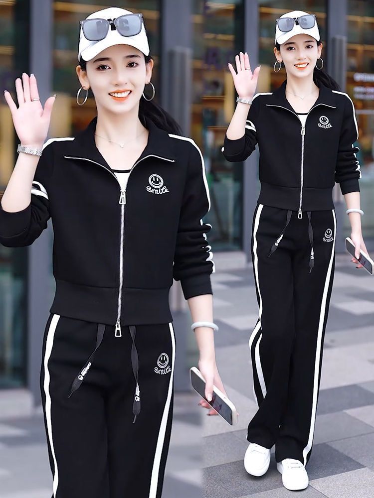 時尚運動服套裝女春秋季2023新款洋氣減齡衛衣闊腿褲休閒服兩件套