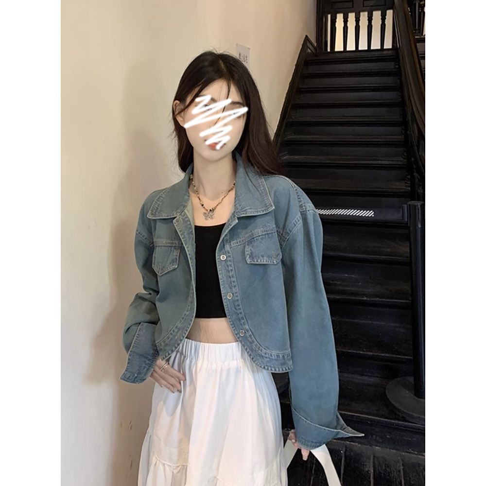 ins短款藍色牛仔外套女2023秋季新款韓版寬鬆設計感小眾長袖上衣