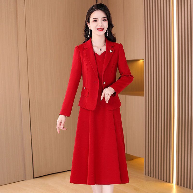 喜婆婆婚宴裝兩件套連衣裙女春秋季2023新款高端禮服媽媽長袖套裙