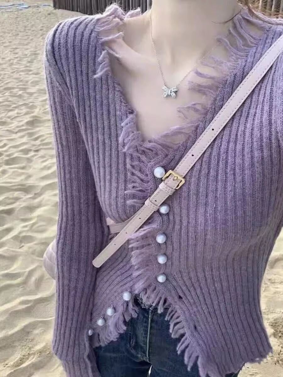 紫色毛邊V領毛衣女秋冬修身顯瘦設計感小眾別致早秋針織開衫上衣