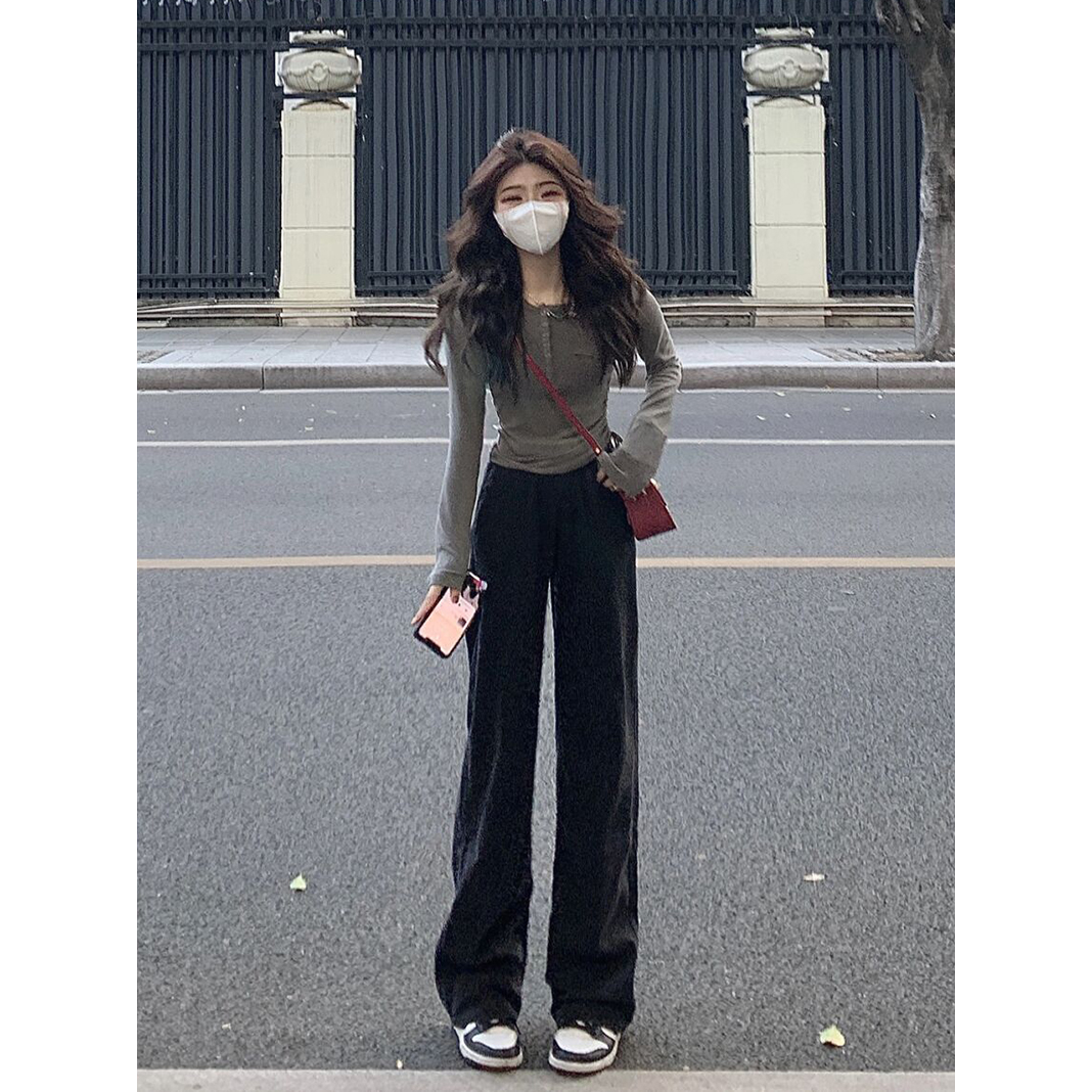 復古黑色小個子闊腿牛仔褲女秋新款ins韓系寬鬆闊腿褲拖地褲子潮