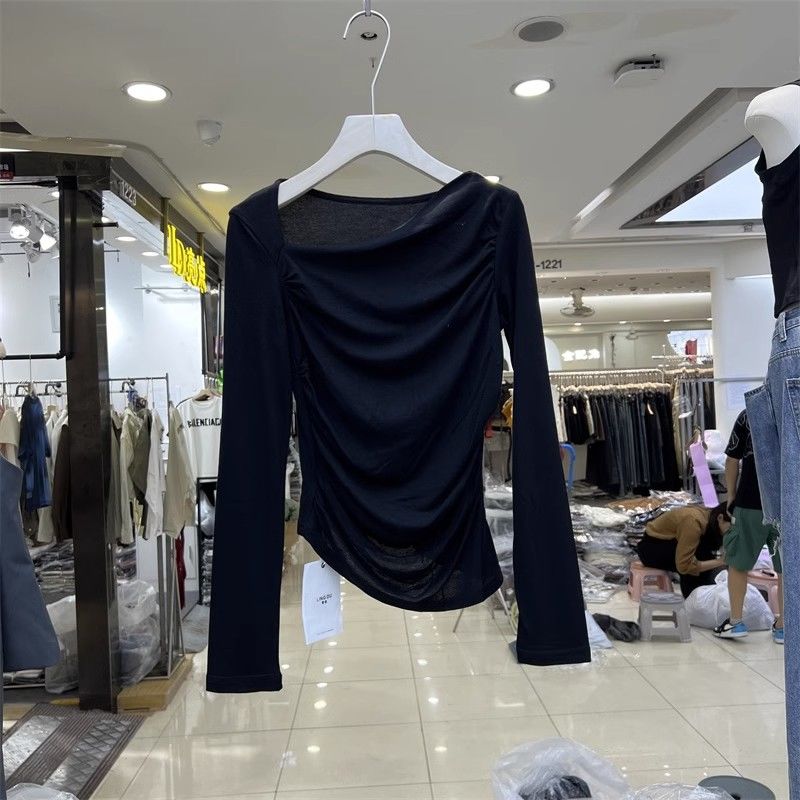 Korean style fashionable pure lust style long-sleeved T-shirt for women early autumn design niche pleated irregular bottoming shirt