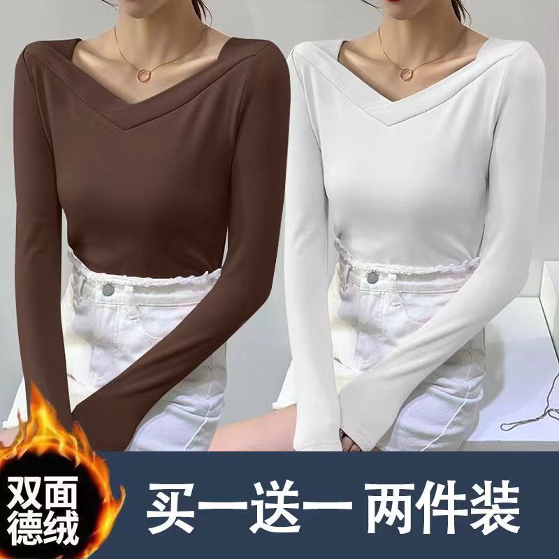 單/兩件胖mm打底衫女秋冬新款設計感T恤小眾方領修身顯瘦內搭上衣