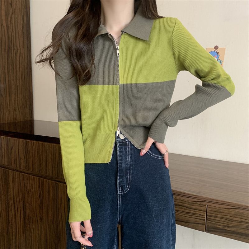 棋盤格拼色POLO衫針織拉鏈開衫女短款寬鬆翻領設計感小眾開衫外套