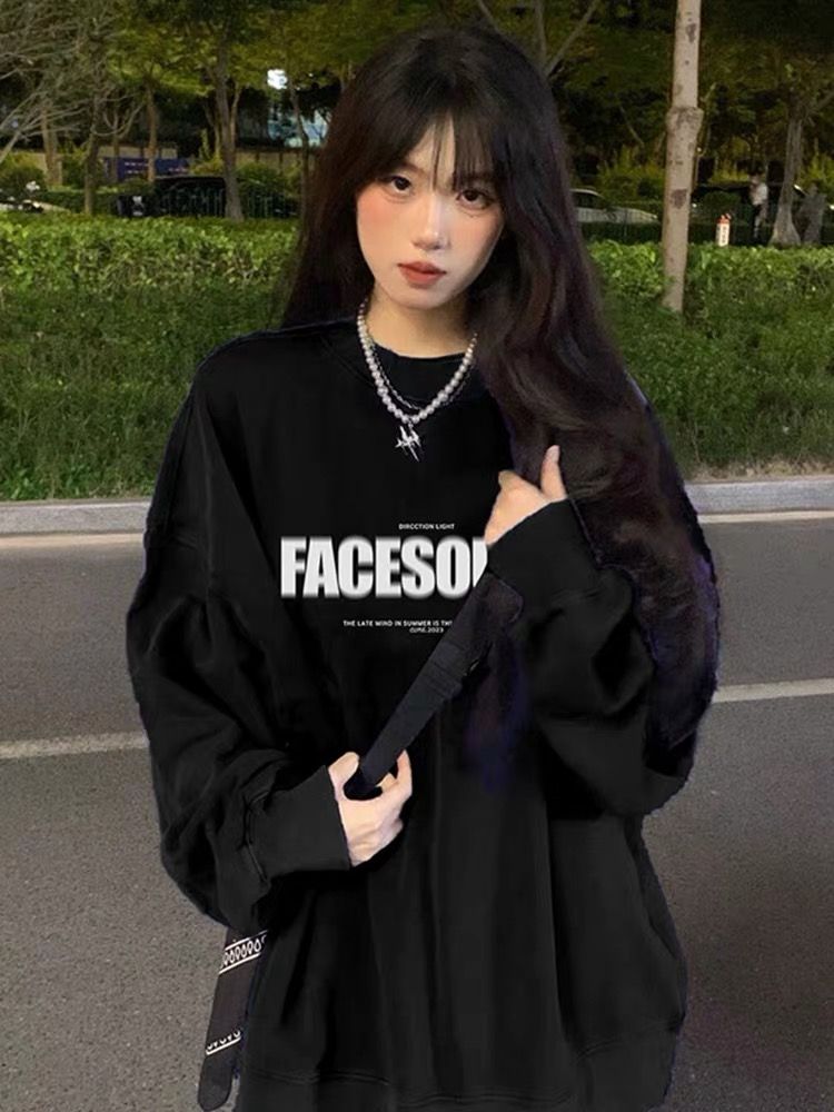 美式字母印花黑色寬鬆長袖圓領衛衣女秋季新款vintage休閒上衣ins