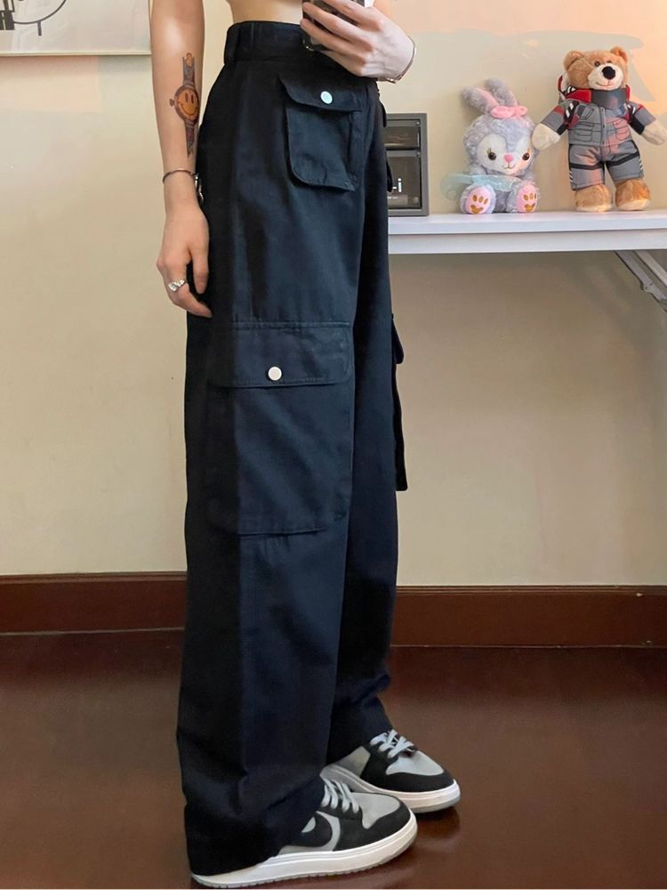 American retro hiphop overalls for women in autumn new high-waisted loose wide-legged slim straight casual pants trendy