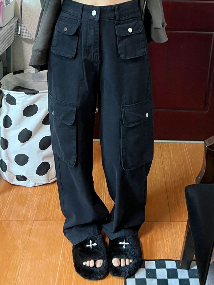黑色多口袋工裝牛仔褲女秋季新款高腰寬鬆顯瘦百搭直筒拖地褲子潮