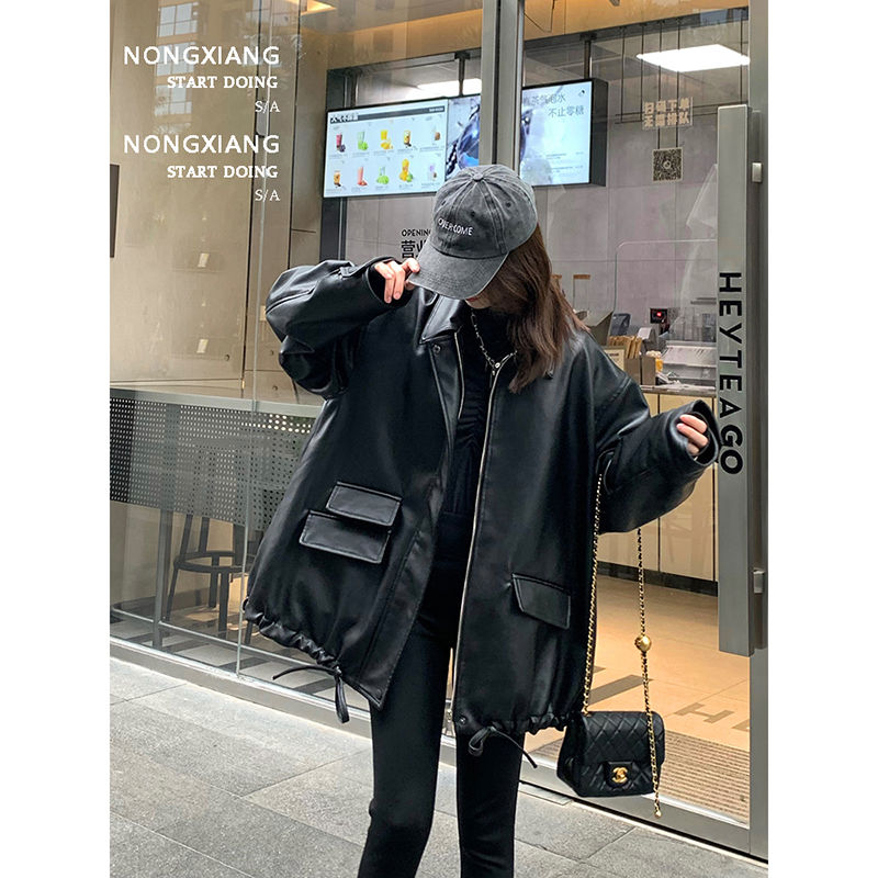 特大碼女裝300斤復古寬鬆皮衣外套女秋季新款高級設計感PU皮夾克2