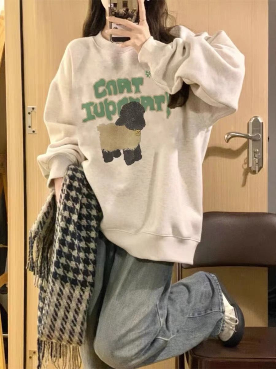 圓領灰色衛衣女2023年秋裝新款設計感寬鬆大碼顯瘦小個子長袖上衣