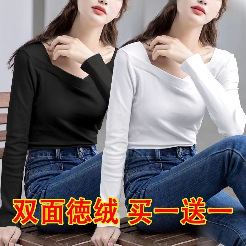 單/兩件大碼秋冬新款德絨胖mm打底衫女媽媽裝內搭上衣方領長袖t恤