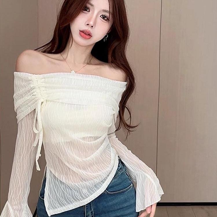 設計感小眾長袖t恤不規則短款防曬修身一字肩奶里奶氣上衣女早秋