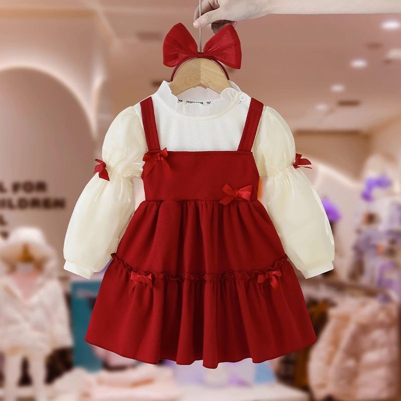 女童秋季連衣裙2023新款洋氣兒童時髦公主裙女寶寶假兩件秋裝裙子