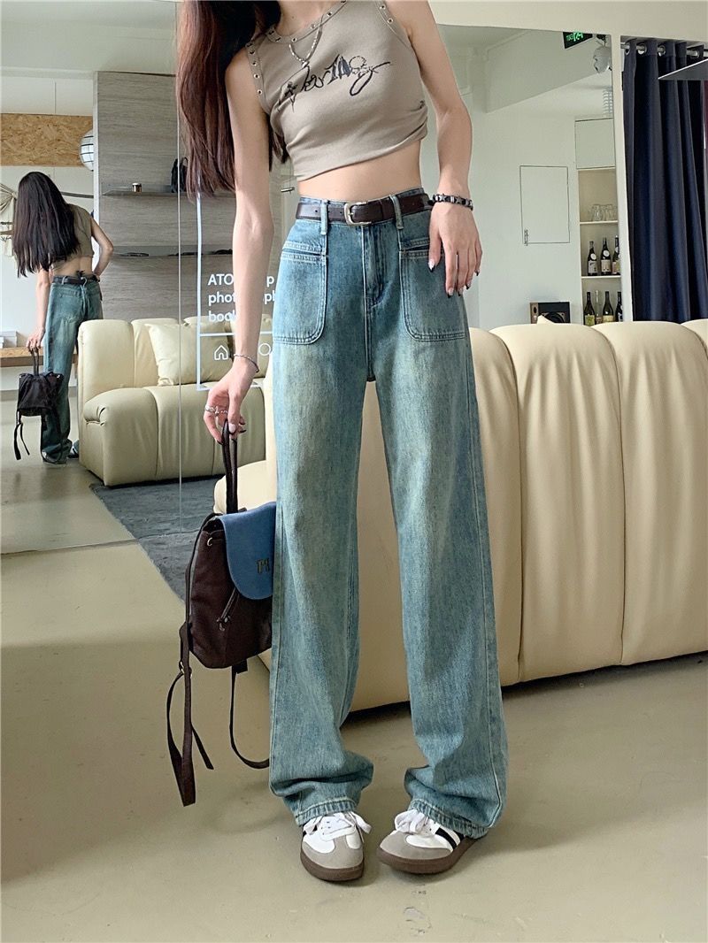 復古淺色高腰闊腿牛仔褲美式高街寬鬆直筒垂感拖地oversize褲子