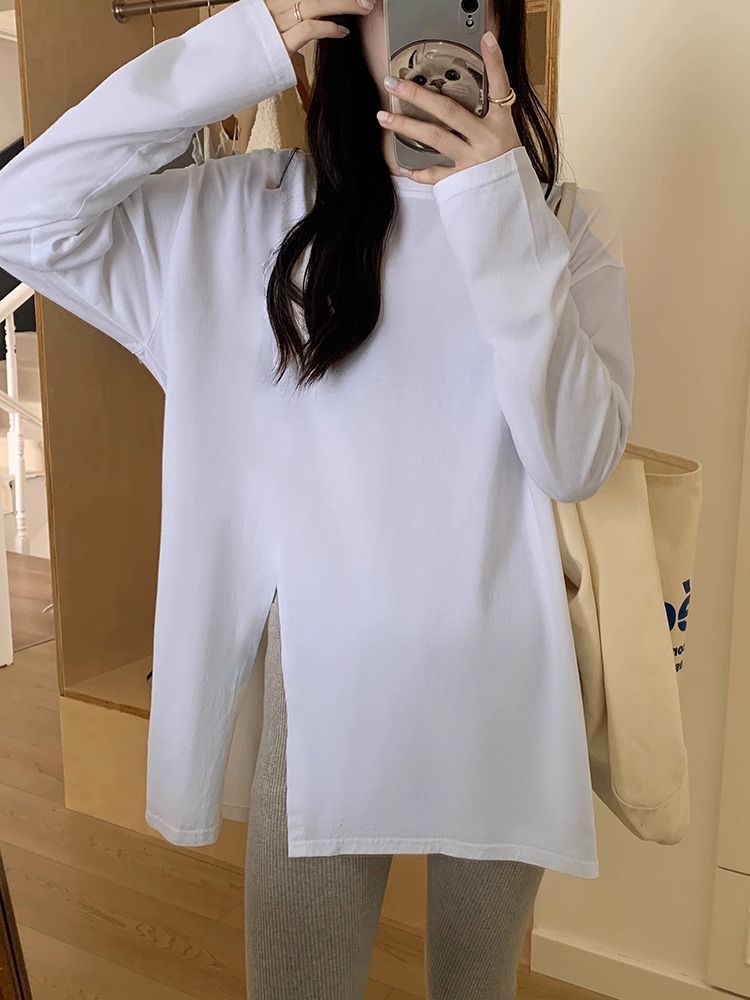 2023新款春秋季白色長袖t恤女學生韓版寬鬆打底衫上衣開叉款ins潮