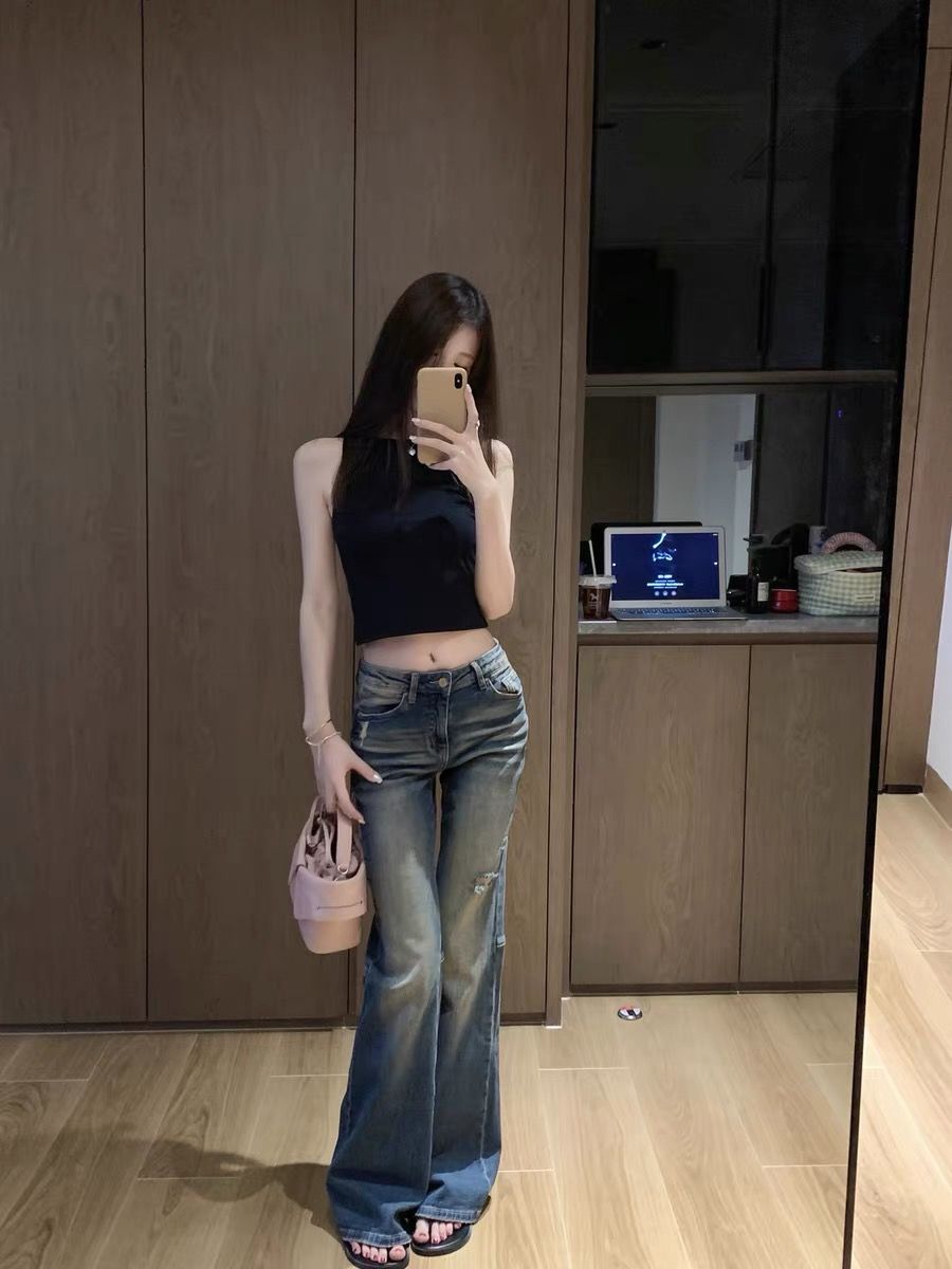 美式復古做舊磨破牛仔微喇褲女2023秋季小眾修身顯瘦拖地馬蹄褲子