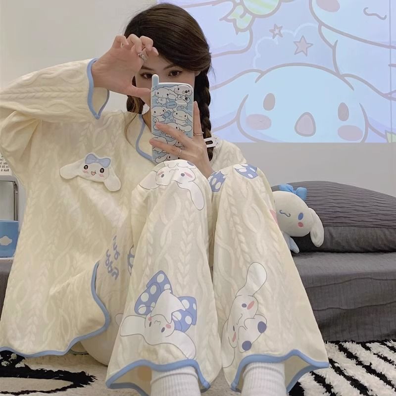 睡衣女春秋款棉長袖2023新款夏季可愛少女翻領開衫套裝家居服外穿