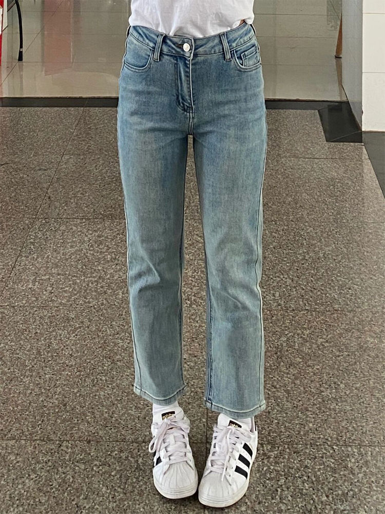 淺色九分直筒牛仔褲女秋季新款復古高腰修身顯瘦百搭煙管法棍褲子